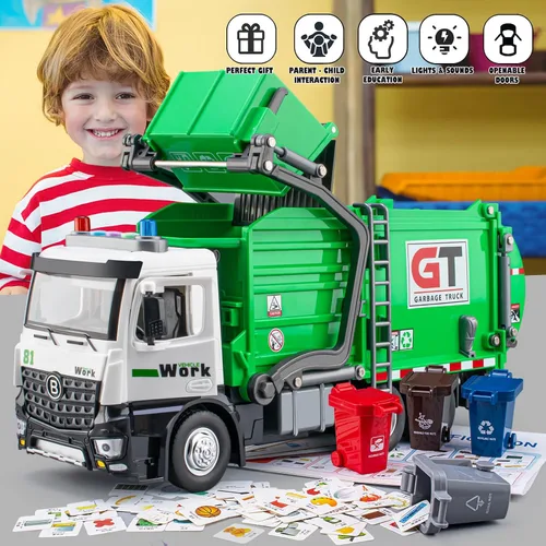 Miniatura 6 de Camión de basura de juguete para niños, camión de basura grande de 12 pulgadas con luces y sonidos, juego de juguetes de reciclaje de gestión