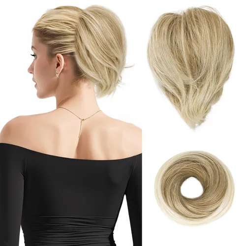 Miniatura 19 de BARSDAR Extensión de cola de caballo y moño de pelo de cobre, extensiones de moño corto sintético liso elástico para mujer, moños desordenados