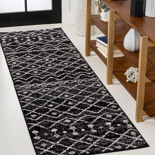 JONATHAN Y Aksil - Alfombra marroquí Beni Souk negro/crema, 2 x 8 pies, bohemio, escandinavo, fácil limpieza para sala de estar, dormitorio, cocina,