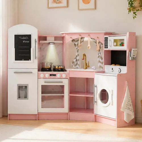Miniatura 5 de Conjuntos de Cocina de Jugar de Madera Grandes en Rincón con Máquina de Hielo, Dispensador de Agua, Panificadora, Lavadora, Pantalla Electrónica
