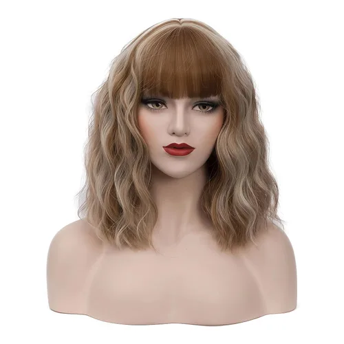 Miniatura 8 de BUFASHION Peluca rizada corta ondulada de 14 pulgadas para mujer, peluca sintética para cosplay, Halloween, peluca con flequillo lateral (negro)