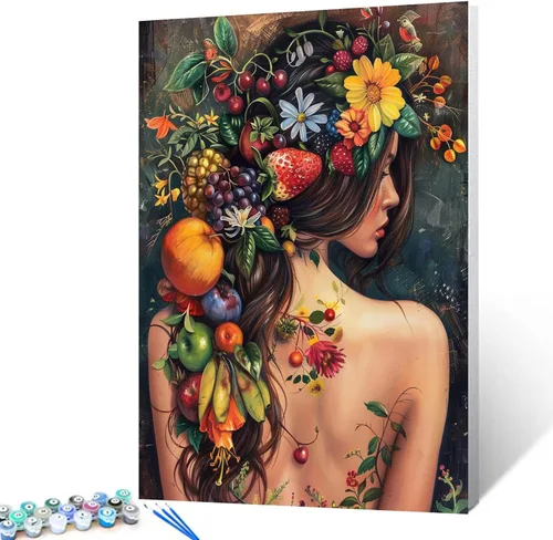 Tucocoo Tatuajes de Mujeres y Pintura de Frutas por Números para Adultos Principiantes, Chica Tatuada Pintar por Números en Lienzo Fácil de Pintar