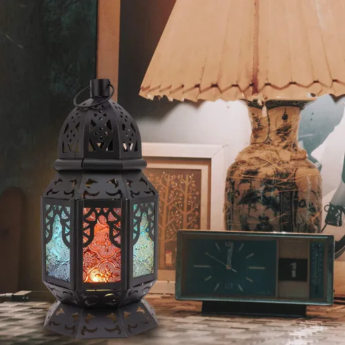 Miniatura 4 de Lewondr Farol de vela retro de hierro Ramadán, portátil de hierro forjado marroquí, de 10.2 pulgadas, portavelas decorativo, lámpara colgante