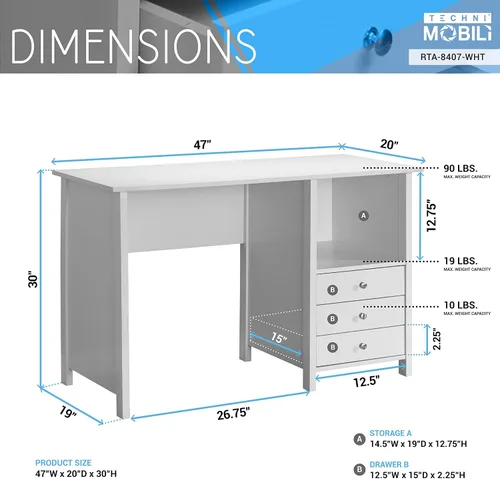 Miniatura 3 de Techni Mobili Escritorio blanco con cajones: escritorio de oficina pequeño con 3 cajones de gabinete, estante abierto y paneles de madera laminada