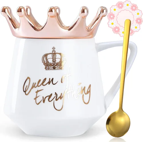 Miniatura 16 de Arawat Queen of Everything - Taza con tapa, taza negra dulce con corona de café, taza de 12 onzas, regalo con cuchara y posavasos, taza de té