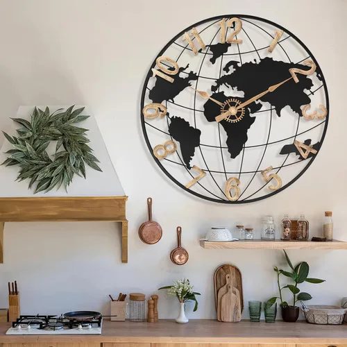 Miniatura 7 de Pytha Sight Reloj de pared grande de 24 pulgadas, reloj decorativo moderno y silencioso de metal con mapa mundial para decoración de sala de estar