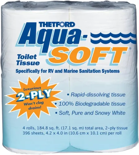 Thetford Aqua-Soft Papel Higiénico - Papel higiénico para vehículos recreativos y marinos - 2 capas - Thetford 03300 (Paquete de 4 rollos), Blanco