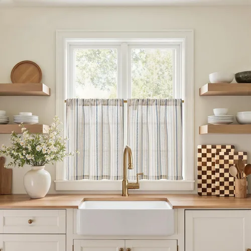 Miniatura 53 de jinchan - Cortinas de lino a rayas para cocina de 20 pulgadas de largo, cortinas de varios niveles, estilo granja moderna de café, tratamientos