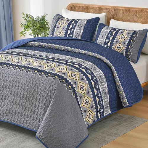 Miniatura 12 de WONGS BEDDING Juego de edredón bohemio de color beige, tamaño Queen, juego de colcha con estampado geométrico con 2 fundas de almohada, juego