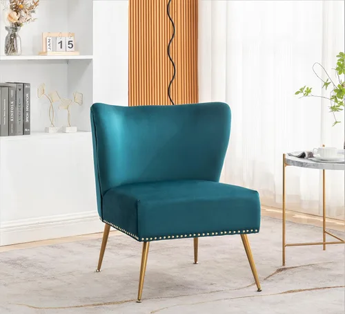 Container Furniture Direct Thia Silla decorativa de terciopelo sin brazos para sala de estar, elegante asiento con ribete de cabeza de clavo, patas
