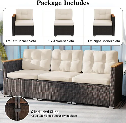 Miniatura 6 de Tangkula Sofá de mimbre para patio de 3 plazas, juego de muebles de ratán de 3 plazas con reposabrazos de madera de acacia y cojín grueso, sofá