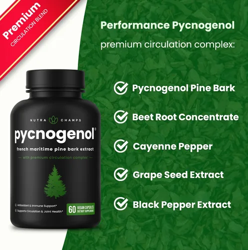 Miniatura 2 de NutraChamps Pycnogenol Extracto de corteza de pino marítimo francés, complejo de circulación premium, flujo sanguíneo, producción de óxido nítrico