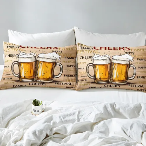 Miniatura 6 de Juego de sábanas temáticas de animación y cerveza, tamaño individual, juego de ropa de cama de 3 piezas con diseño de taza de cerveza de dibujos