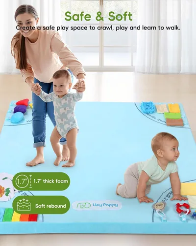 Miniatura 6 de Alfombra de juego para bebé, alfombrillas únicas para gatear con 4 zonas de desarrollo sensorial para habilidades motoras, alfombrillas de 50 x 50