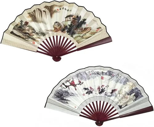 Miniatura 12 de Fox Baby 2 abanicos de mano plegables grandes, abanicos de tela de bambú de 13 pulgadas con pintura tradicional china para rendimiento, decoraciones