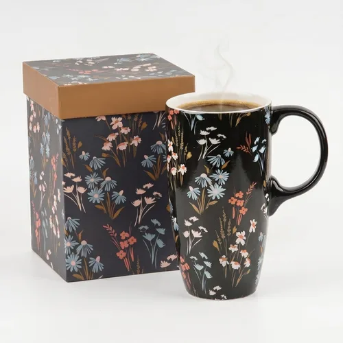 Topadorn Taza de Café de Cerámica Taza de Viaje Regalo con Tapa 17oz., Taza de Té Alta de Porcelana con Asa para el Hogar y la Oficina, Taza con