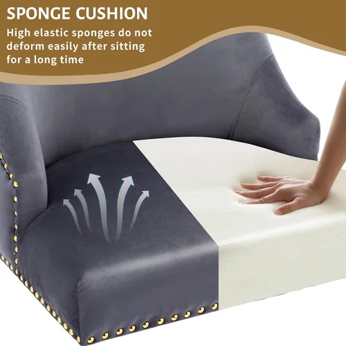 Miniatura 7 de KCC Juego de 2 sillas de comedor de terciopelo con forma de cabeza de clavo con patas doradas para cocina, sala de estar (gris)