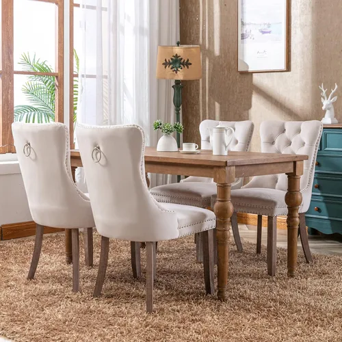 Miniatura 2 de ODUSE-DAILY - Juego de 4 sillas de cocina y comedor de terciopelo beige, tapizadas en tela, respaldo alto con alas, anilla metálica, estructura