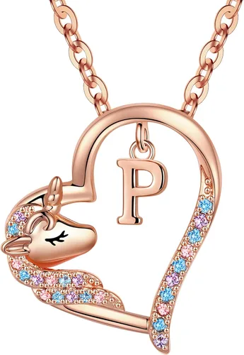 Miniatura 50 de Anoup Collar con inicial de unicornio, chapado en oro de 14 quilates, hipoalergénico con circonita cúbica, colgante de diamante simulado, joyería