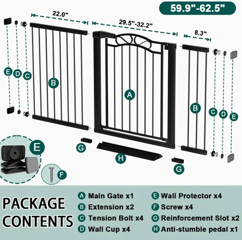Miniatura 2 de Puerta negra para bebé con puerta para caminar a través de puertas para bebés, para escaleras, montada a presión, sin taladro, tensión