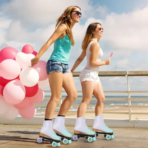 Miniatura 4 de Gets Patines altos para mujer, piel sintética, cuatro ruedas, doble fila, brillante, para interiores y exteriores Destello verde púrpura