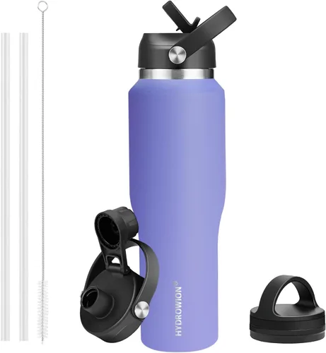 Miniatura 18 de HYDROWION Botella de agua de acero inoxidable, 32 onzas, boca ancha, doble pared, aislada al vacío, con tapa de pajilla, tapa de boquilla y tapa