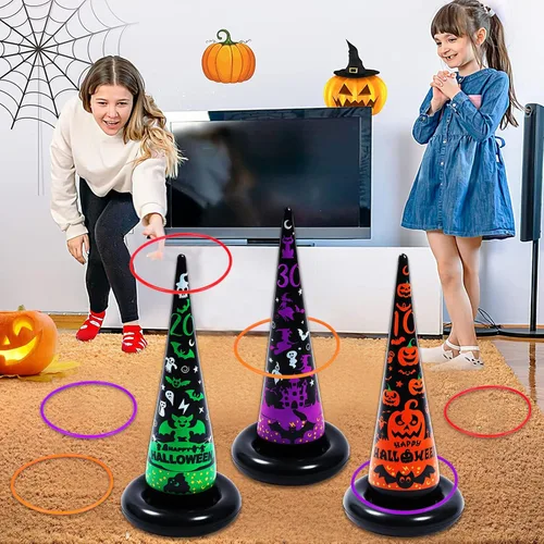 Miniatura 5 de Juegos de fiesta de Halloween, sombrero de bruja inflable, juegos de lanzamiento de anillos para niños y adultos, familia, juguetes y decoraciones