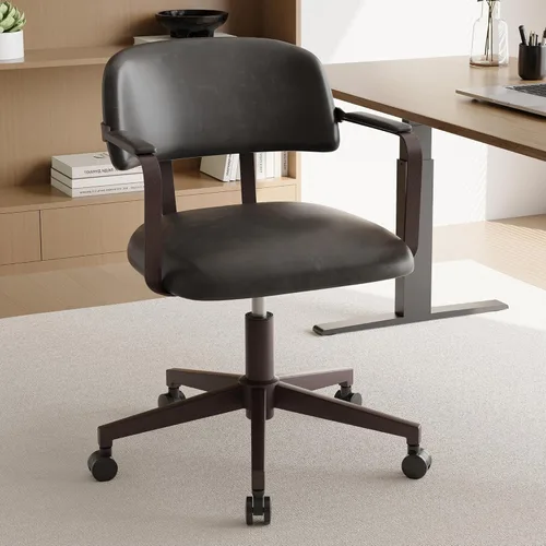 BFZ Silla de escritorio retro de mediados de siglo para oficina en casa con respaldo, piel sintética, altura ajustable, giratoria, reposabrazos para