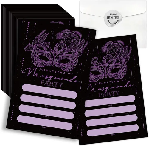Miniatura 8 de Invitaciones para fiesta de máscaras, invitaciones de fiesta de Mardi Gras, 15 tarjetas y sobres, diseño floral moderno, unisex, adultos, ocasión