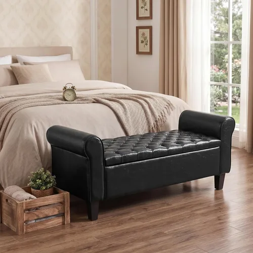 Miniatura 11 de ECOTOUGE Banco otomano de almacenamiento de 55 pulgadas para sala de estar, banco de pie de cama con brazo enrollado, otomano de cuero con Blanco
