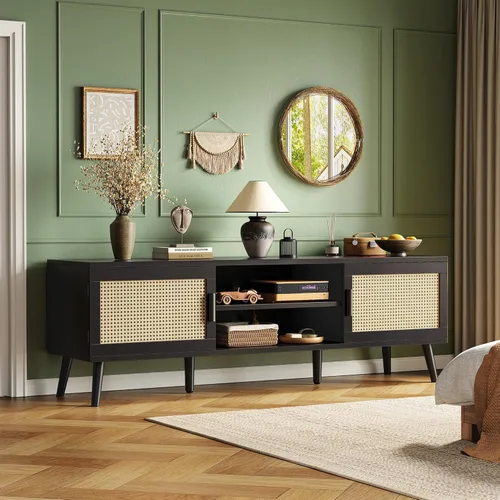 Miniatura 8 de SUPERJARE Soporte de TV para TV de 65 pulgadas, centro de entretenimiento con estante ajustable, consola de TV de ratán con 2 gabinetes, consola