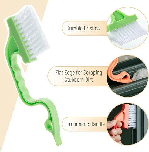 Miniatura 3 de Slick- Cepillo de limpieza de riel de ventana, paquete de 2, mango ergonómico naranja/verde, raspador integrado, multiusos, herramientas de limpieza