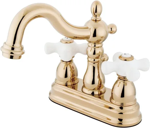 Kingston Brass KB1602PX Heritage Grifo para Lavabo Centerset de 4 Pulgadas con Manija Cruzada de Porcelana, Latón Pulido