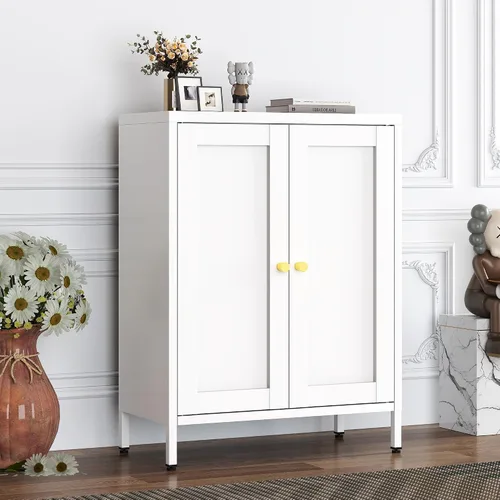 Miniatura 11 de Armario de almacenamiento de metal negro con 2 puertas, soporte de TV de 25 pulgadas de alto, armario de 2 niveles con estantes ajustables, gabinete