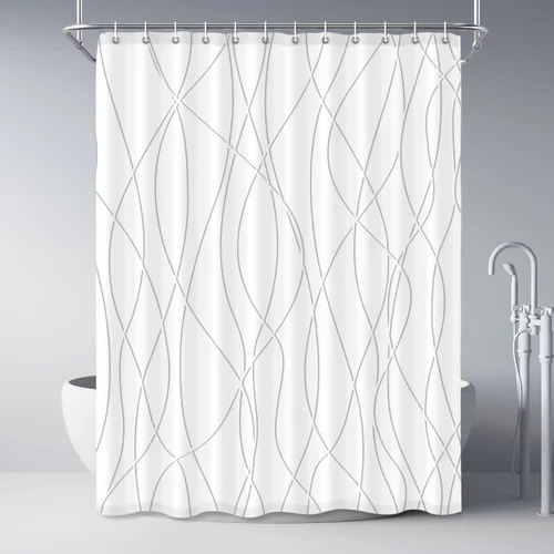 Miniatura 34 de Juego de cortinas de ducha azul egeo para baño con ganchos, cortinas de baño decorativas repelentes al agua y lavables con rayas blancas, 72 x 72