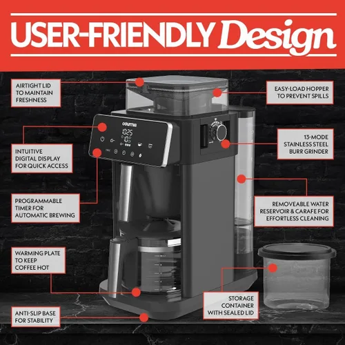 Miniatura 7 de Gourmia Cafetera de 10 tazas para moler y preparar - Molinillo de rebabas integrado, 3 fuerzas de preparación, pantalla digital programable, pausa