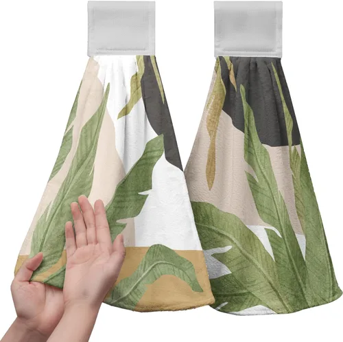 Juego de 2 toallas de cocina colgantes de hojas tropicales de verano, color verde, hojas de palmera, con bucles para colgar, suaves y absorbentes,