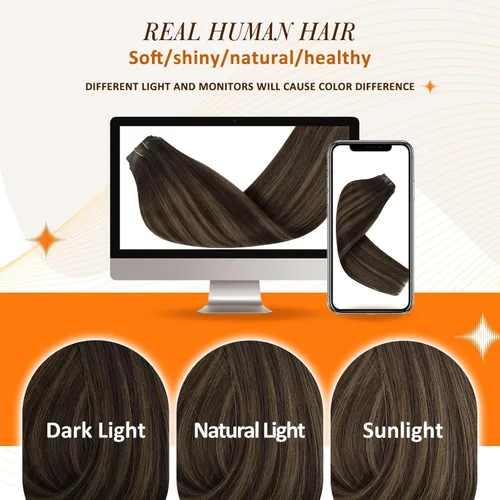 Miniatura 7 de Full Shine Extensiones de cabello humano real con clip, sin costuras, de 22 pulgadas, balayage a marrón claro con rubio caramelo, cabello lacio