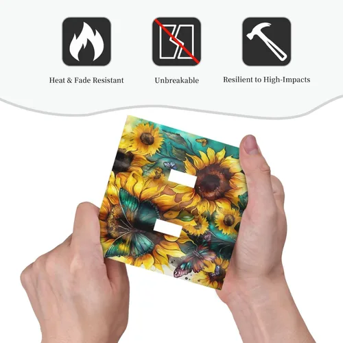 Miniatura 6 de Girasoles Amarillos Verde Azulado Mariposa Cubierta de Interruptor de Luz de Doble Palanca Decorativa Placa de Pared de 2 Gang Rústica Botánica