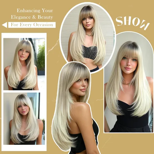Miniatura 7 de PARK YUN 27IN Cool Ash Platinum Blonde Straight Wig with Bangs Long Layered Synthetic Wig Shadow Root Light Beige Blonde Hair Heat Resistant Natural