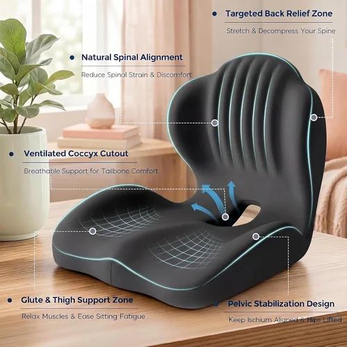 Miniatura 4 de Cojín ergonómico lumbar y de apoyo de asiento, cojín de espuma viscoelástica 2 en 1 con diseño hueco de coxis para silla de oficina, asiento