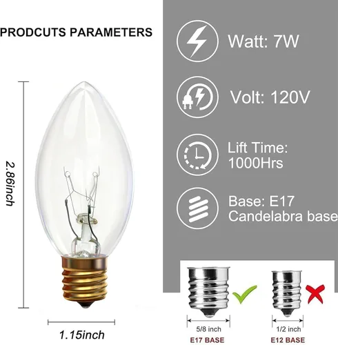 Miniatura 2 de Oviejo - Paquete de 25 bombillas C9 transparentes de repuesto para luces navideñas, lámparas o candelabros - Bombillas C9 de base intermedia E17