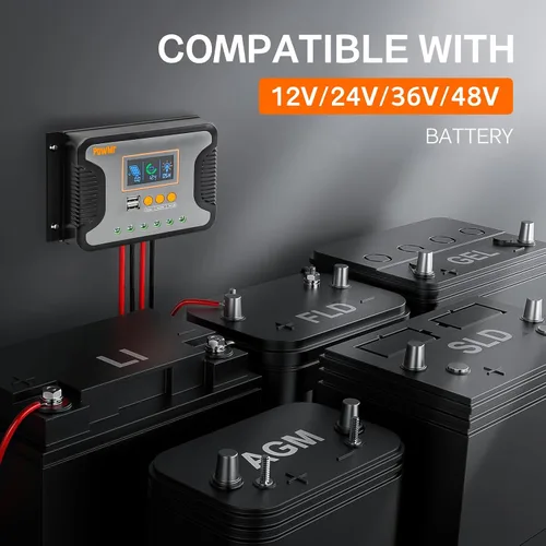 Miniatura 3 de PowMr controlador de carga solar PWM de 30A, 12V 24V 36V 48V Auto, pantalla LCD y salida USB dual, apto para baterías AGM, Gel, FLD, de plomo-ácido