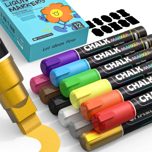 WUO - Marcadores de tiza para ventanas, 12 colores, marcadores para autos, 10 mm, 3 en 1, níquel extra ancho, sin polvo y no tóxico - Marcadores de