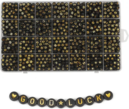 Miniatura 11 de 1200 cuentas de letras negras para pulseras, cuentas redondas de acrílico negro y dorado del alfabeto de 0.157 x 0.276 in para fabricación de joyas