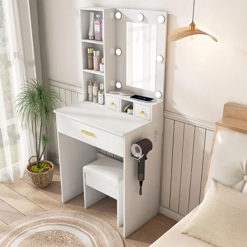 Miniatura 8 de Pequeño juego de tocador de maquillaje con espejo, tocador de maquillaje compacto con luces LED ajustables y toma de corriente, para dormitorios