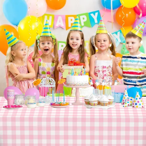 Miniatura 3 de 2 manteles desechables de plástico a cuadros para fiestas, impermeables, rectangulares, color rosa y blanco, para campamento, cumpleaños, fiestas