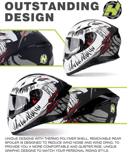 Miniatura 3 de HAX Full Face Motorcycle Helmet with Dual Rear Wing, DOT Approved Motorbike Street Bike Helmet with Pinlock Ready Plastic Nails for Adult