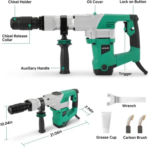 Miniatura 2 de Hoteche - Martillo neumático de demolición eléctrico de 1500W, rompedor de hormigón SDS-MAX de alta resistencia con cincel plano y puntiagudo