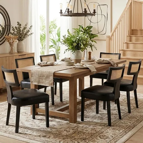 Miniatura 51 de HNY Juego de 6 sillas de comedor de ratán de estilo de mediados de siglo, silla de acento tapizada en lino de estilo granja con respaldo curvo
